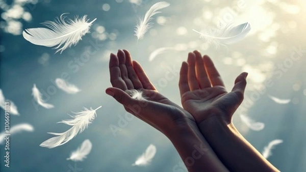 Fototapeta State of mind mental. A serene image depicting emotional release through hands letting go of floating feathers. Depth of human emotion.