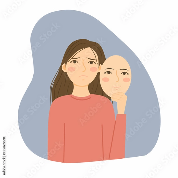 Obraz illustration of a sad woman wearing a pink sweater, holding a smiling mask in front of her face, symbolizing hidden emotions or pretending to be happy