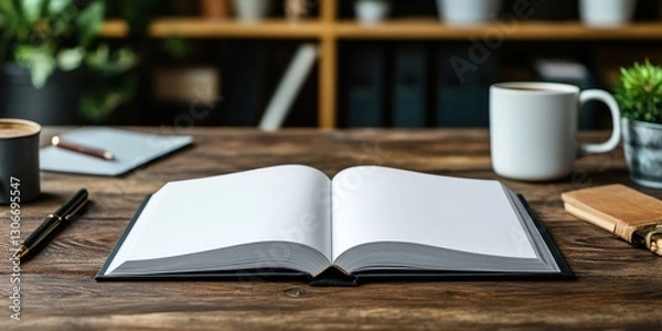 Obraz Open blank notebook on wooden desk with coffee cup and plant in modern office workspace setting