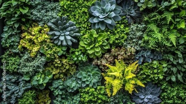 Fototapeta Lush Vertical Garden with Vibrant Succulents and Ferns in Varying Shades of Green and Texture