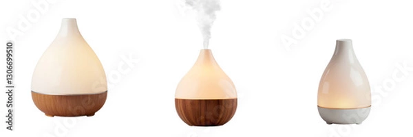 Fototapeta Essential Oil Diffusers in Wood and White Designs Emitting Mist