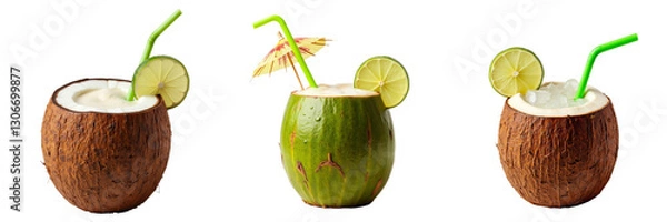 Fototapeta Coconut Drinks Displayed with Lime Wedges and Straws