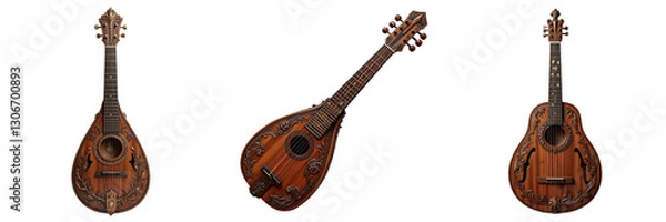 Fototapeta Antique Stringed Instruments Showcase: Mandolin, Pearlescent Instrument, and Acoustic Guitar