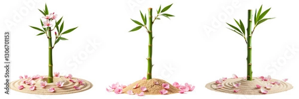 Fototapeta Bamboo Plants Surrounded by Pink Petals in Sand Arrangement