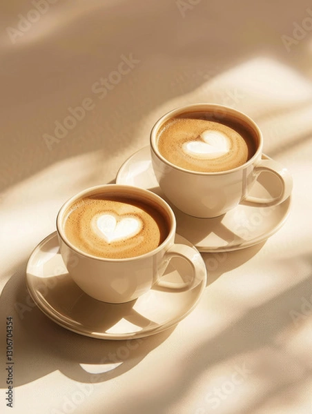 Fototapeta Two cups of coffee with heart-shaped latte art on a light background.