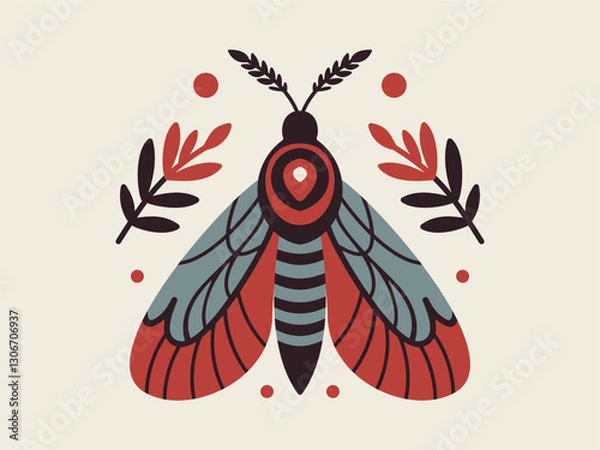 Fototapeta Vibrant Moth Vector Illustration with Blue, Red, Black, and White Color Palette