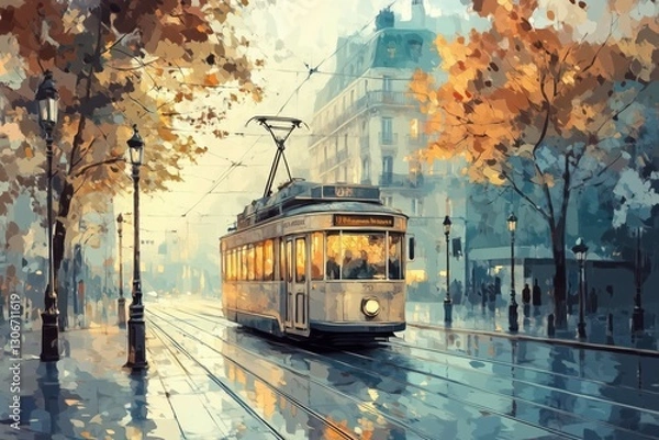 Fototapeta Tram glides through a misty city, framed by autumn trees.