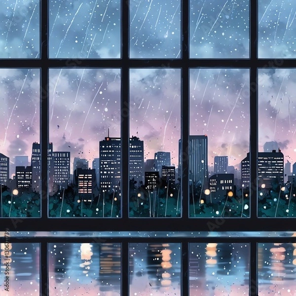 Fototapeta Rainy Cityscape View from Window: A Serene Evening in the Metropolis