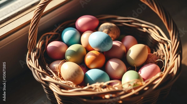 Obraz Easter basket overflowing with colorful eggs | generative AI