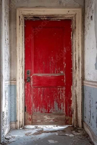 Fototapeta A weathered red door in a dilapidated hallway, showcasing peeling paint and aged walls