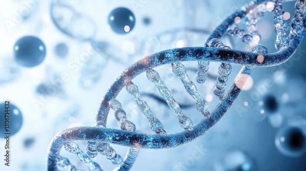 Fototapeta Stunning Visualization of a DNA Helix on a Blue and White Background with Bubbles and Light Effects for Scientific Illustration, DNA and biology concept