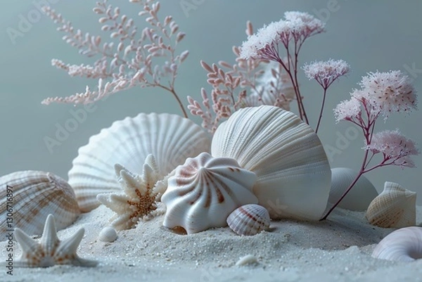 Obraz A minimalistic arrangement of seashells, coral branches, and soft pink floral accents on a textured white sand surface. A tranquil and elegant design for spa, wellness, or coastal-inspired projects.