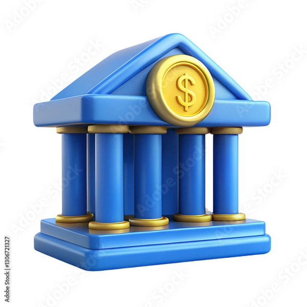 Obraz 3D Glossy Blue Bank Building Icon with Gold Coin – Finance & Savings