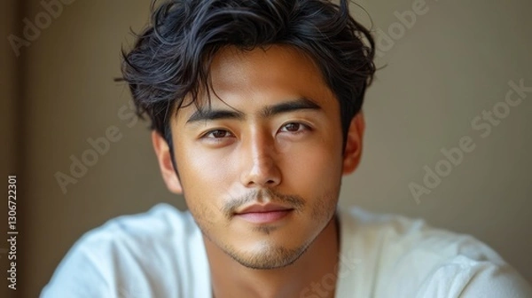 Fototapeta close up portrait of a asian young man wearing a white shirt looking thoughtful against a beige background his expression conveys contemplation and focus creating a serene and calm mood