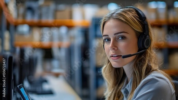 Obraz Organized warehouse scene, female worker multitasking by managing stock information on her tablet while speaking into a headset