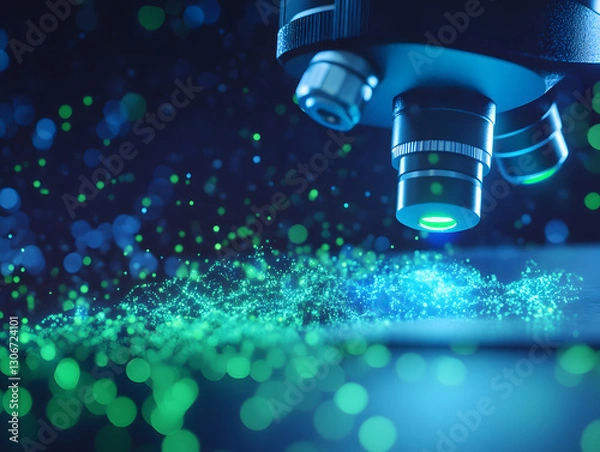 Fototapeta realistic photo of microscope focusing on cluster of glowing particles, showcasing vibrant green and blue colors. image captures intricate details of scientific exploration and discovery