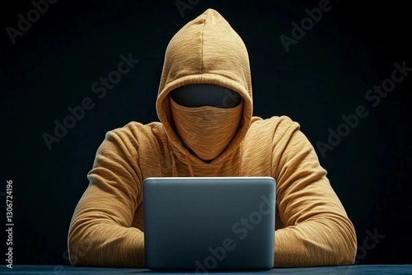 Fototapeta Mysterious Figure in Hoodie Using Laptop with Dark Background and Unseen Face