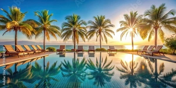 Fototapeta Elegant resort poolside setting featuring stylish sun loungers and vibrant palm trees against a backdrop of clear blue sky and warm sunlight on the water, Clear Sky, Serene Escape