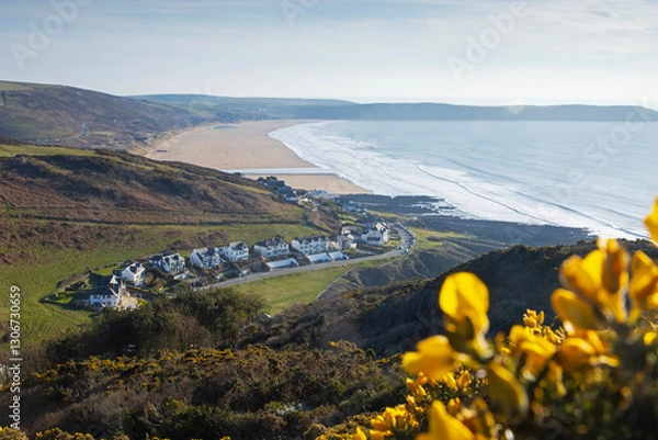 Fototapeta Aerial view overlooking the Coastal town of Woolacombe and Woolacombe beach with yellow gorse in foreground