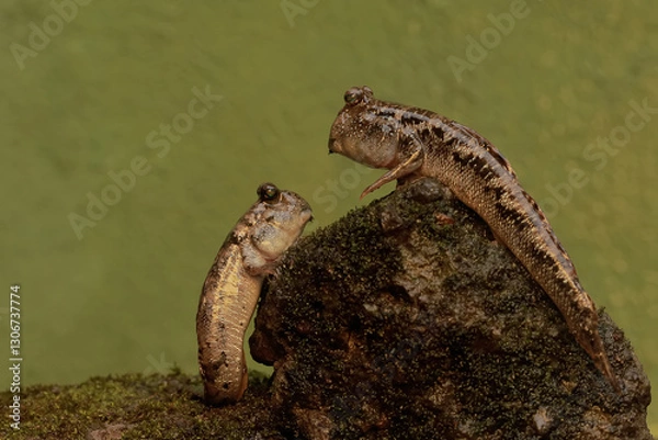 Fototapeta Two barred mudskipper fish resting on a rock overgrown with seaweed in a coastal estuary. This fish, which is mostly done in the mud, has the scientific name Periophthalmus argentilineatus.