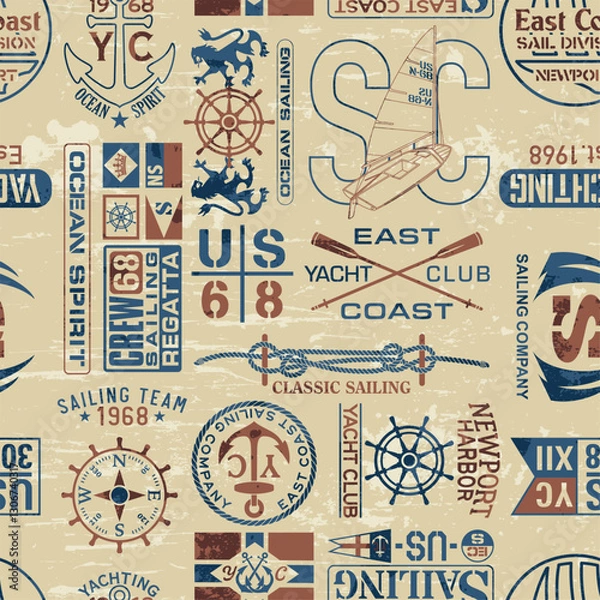 Obraz East coast nautical sailing badges and typography elements vintage vector seamless pattern for fabric print tablecloth pillow wallpaper wrapping