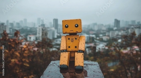 Fototapeta sad lonely robot on the roof of a building overlooking a moody city, self-aware artificial intelligence