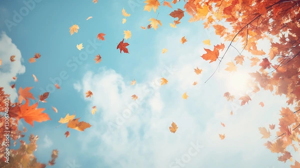Fototapeta autumn frame of dry falling yellow leaves against a blue sky with white clouds, an empty blank with a copy space