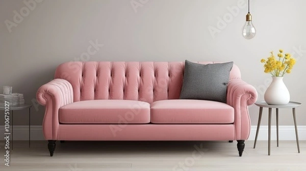 Fototapeta Luxurious pink velvet sofa with a chic gray pillow, curved backrest elegantly angled to the left, exuding comfort and style