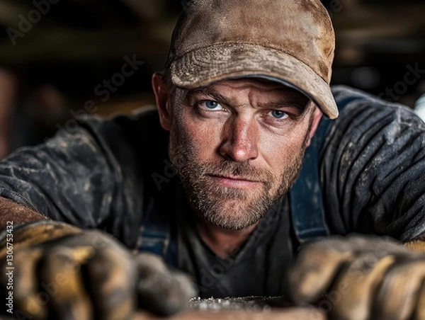 Obraz Serious Male Carpenter Focused on Woodworking in Rustic Workshop