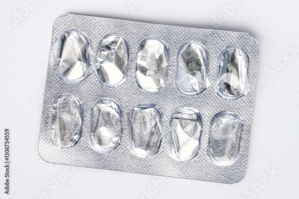 Fototapeta An empty blister pack is against a white background. The pack is made of silver foil with ten clear plastic compartments. The compartments are empty, showing their formed shape and transparency