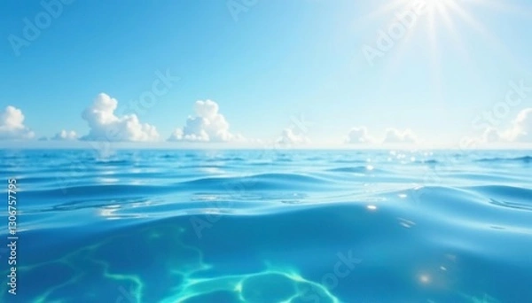 Fototapeta Peaceful blue waters with a few ripples and a sunny sky in the background, ripples, reflection