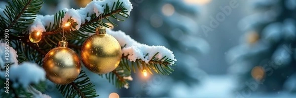 Fototapeta Sparkling golden baubles scattered on a snow-covered tree branch, evergreen trees, frosty details