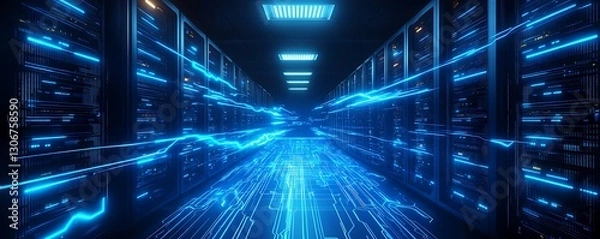 Fototapeta Dynamic Data Flow: Neon blue data flowing through AI-powered servers in a dark virtual room
