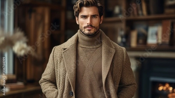 Fototapeta elegant gentleman in a modern casual brown sweater and trousers holding a coat the setting emphasizes style and confident demeanor