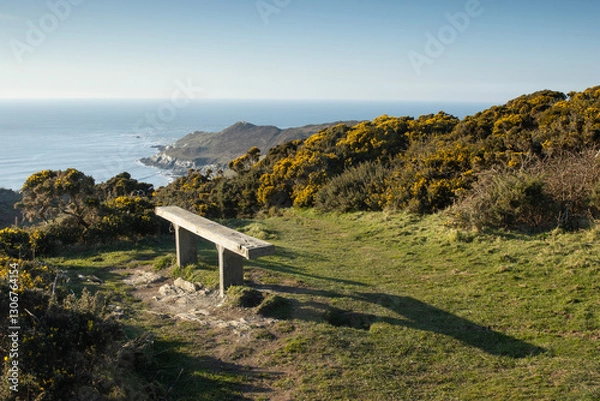 Fototapeta Seat overlooking headland of Mortehoe in North Devon