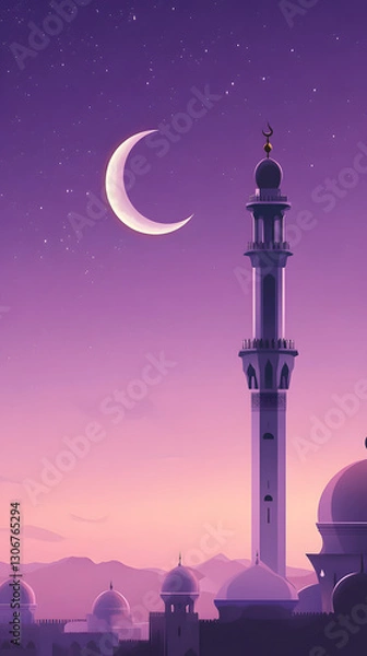Fototapeta A purple sky with a crescent moon and a mosque minaret

