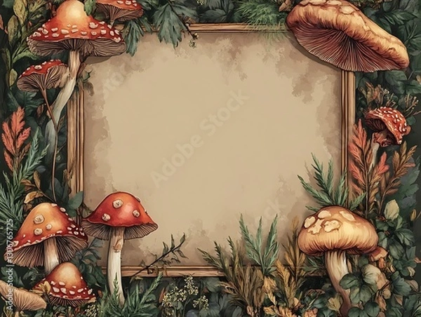 Fototapeta Mushroom Frame in Forest, Nature Background