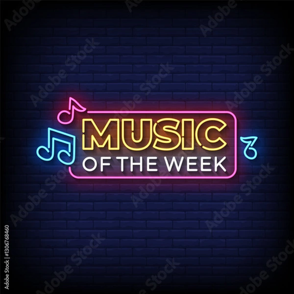 Fototapeta music of the week neon sign with brick wall background vector