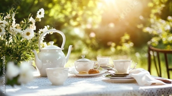 Fototapeta Afternoon Tea in a Sunny Garden: A Serene Setting for Relaxation and Refreshment