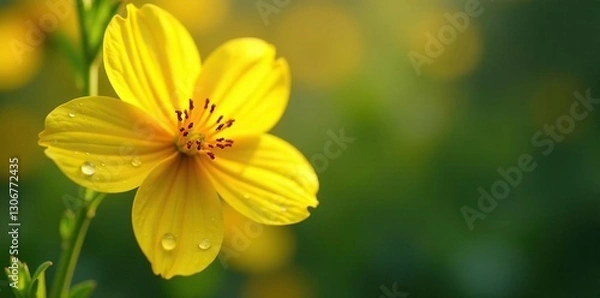 Fototapeta Dewy droplets cling to sun-kissed yellow petals, summer, yellow, water