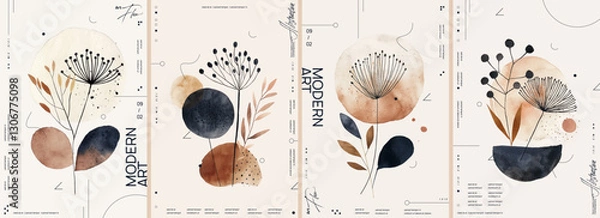 Fototapeta Set of four abstract watercolor illustrations with various shapes, flowers and geometric elements in boho beige tones on a white background for poster design, wall art or cover print.