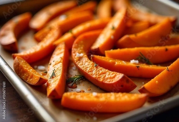 Fototapeta Sweet potato slices baked in the oven on a baking sheet