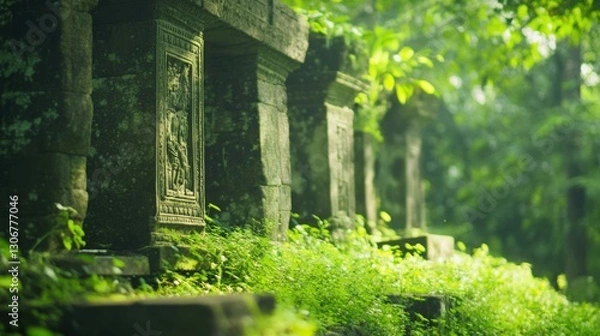 Fototapeta Overgrown stone ruins with intricate carvings hidden in a jungle clearing, soft natural light,