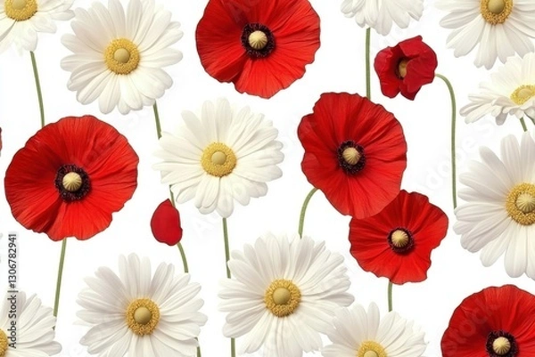 Fototapeta Colorful Poppies and Daisies Floral Pattern on White Background
