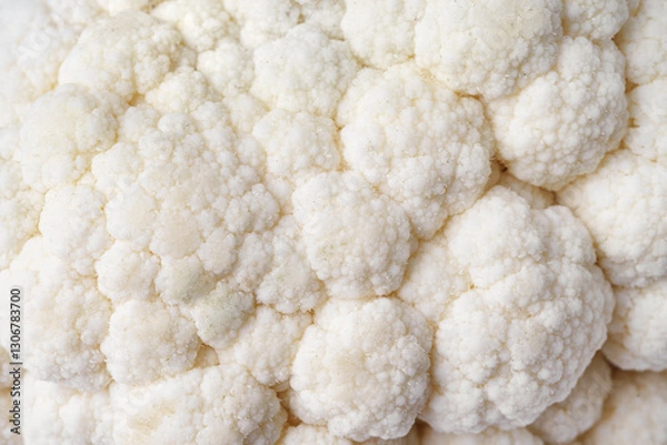 Fototapeta Head of organic fresh ripe white cauliflower cabbage texture macro, close up. Food background texture, vegetable wallpaper, backdrop. Healthy, diet, raw culinary ingredient.