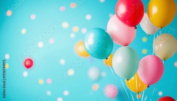 Fototapeta Colorful Balloons Floating with Confetti on Blue Background for Party Celebrations