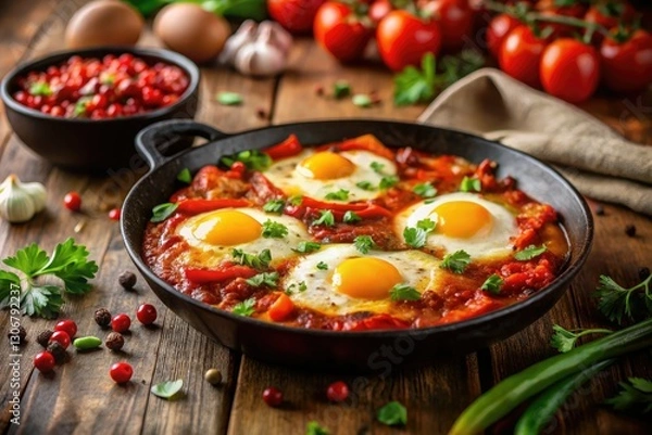 Obraz Cast iron shakshuka: a feast for the eyes and palate.  Egg yolk bliss, pepper medley, stunning bokeh.