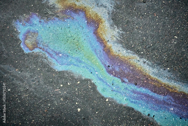 Fototapeta A vibrant oil spill spreads across the dark asphalt, revealing shades of blue, purple, and green. The unique patterns draw attention in the urban landscape, juxtaposed against the gray pavement.