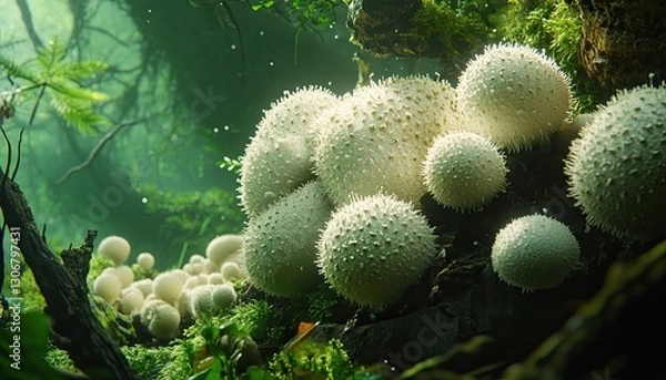 Fototapeta A close-up of a cluster of puffball mushrooms, with their round, soft shapes contrasting against the forest floor. The soft puffballs add a delicate texture to the earthy, mossy forest floor
