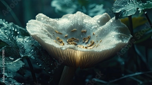 Fototapeta A close-up of a delicate mushroom with fine gills and a smooth cap, surrounded by damp forest foliage. The intricate details of the mushroom are highlighted against the lush, green backdrop.